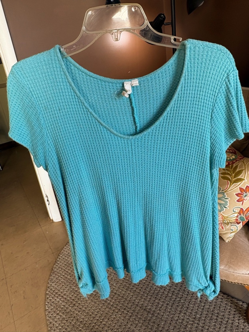 Turquoise Waffle Knit Short Sleeve Women's Top